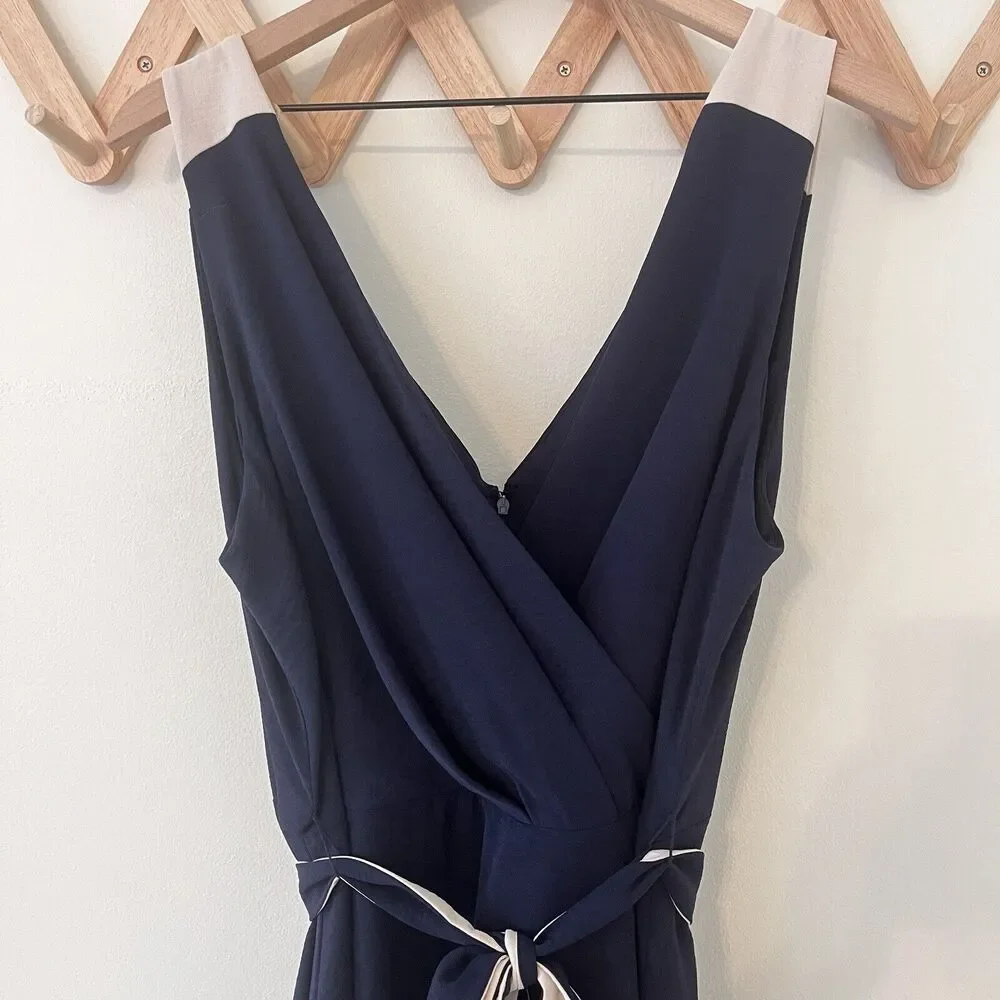 DKNY Colorblocked Belted Faux-Wrap Dress Navy Beige Size 16 - Picture 5 of 10